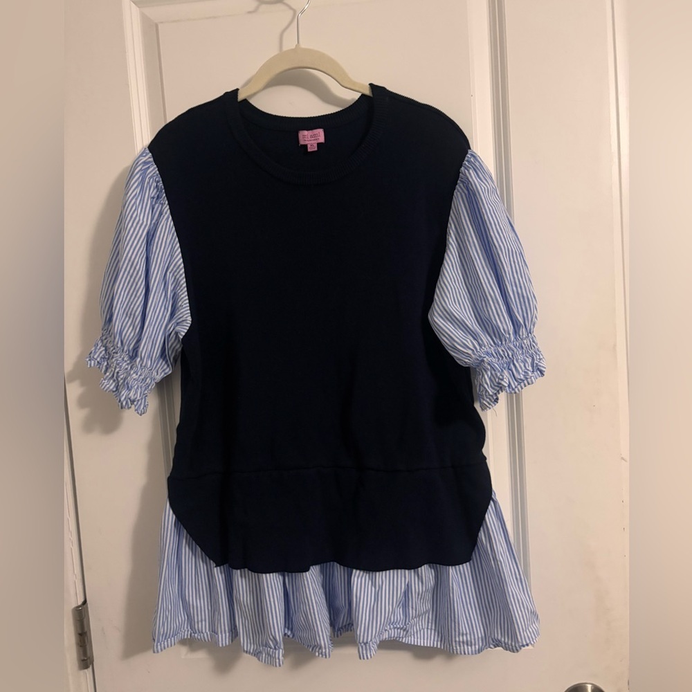 Mi Ami- Navy and blue pinstripe mixed media top-Size XL